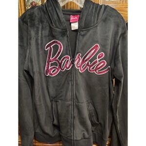 Barbie Women's Velvet Hoodie Full Zip Pink Sequins Large Kangaroo Pockets‎ Y2K